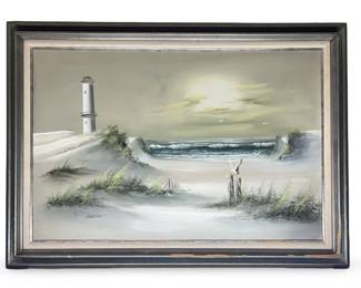 Signed R.Nelson Coastal Lighthouse Oil on Canvas