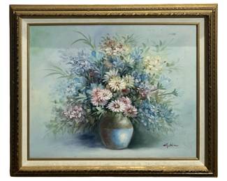 Signed Soft Pastel Floral Still Life Oil on Canvas