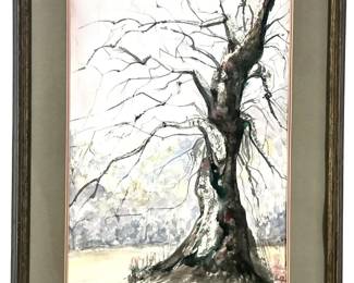 Signed 1969 Winter Tree Watercolor on Paper