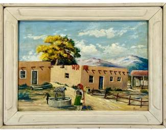 Vintage Signed Bund Adobe Scene Oil on Board