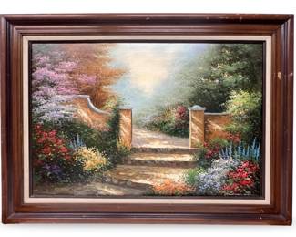 Signed Victorian Garden Landscape Oil on Canvas
