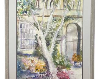 Signed Pat Palmer Courtyard View Watercolor