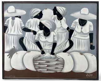 Signed A Fredlin Haitian Marketplace Oil on Canvas