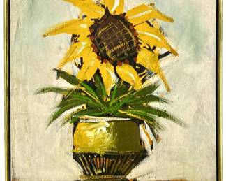 Signed Claire Potted Sunflower Oil on Canvas