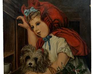 Antique Little Red Riding Hood Oil on Canvas