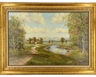 Signed L.R. Smith Lakeside House Oil on Canvas