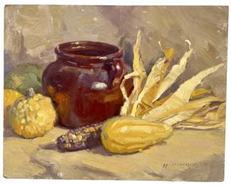 Signed Vegetable & Pottery Still Life Oil on Board