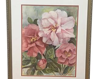Signed Janzow Pink Camellia’s Watercolor on Paper