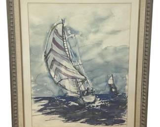 Signed Adell de Persia Sailboat Watercolor on
