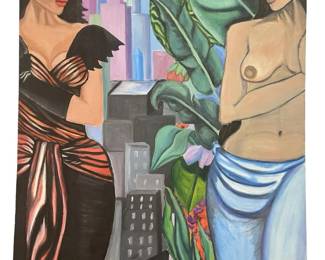 Signed Hollis Klein Nude Female Cityscape Acrylic