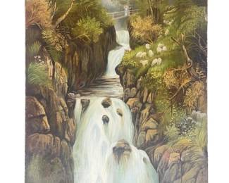 Signed Conchita Mena Waterfall Landscape Oil on