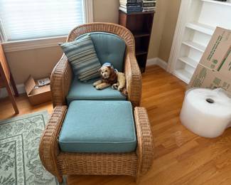 Vintage Palecek Wicker chair and ottoman (lion not for sale!)