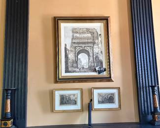 Framed art over fireplace