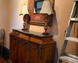 French-style server featuring a marble top and ormolu brass mounts