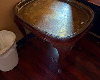 Pair of wood tables with brass tops