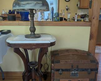 Victorian marble top plus reverse painted lamp and chest