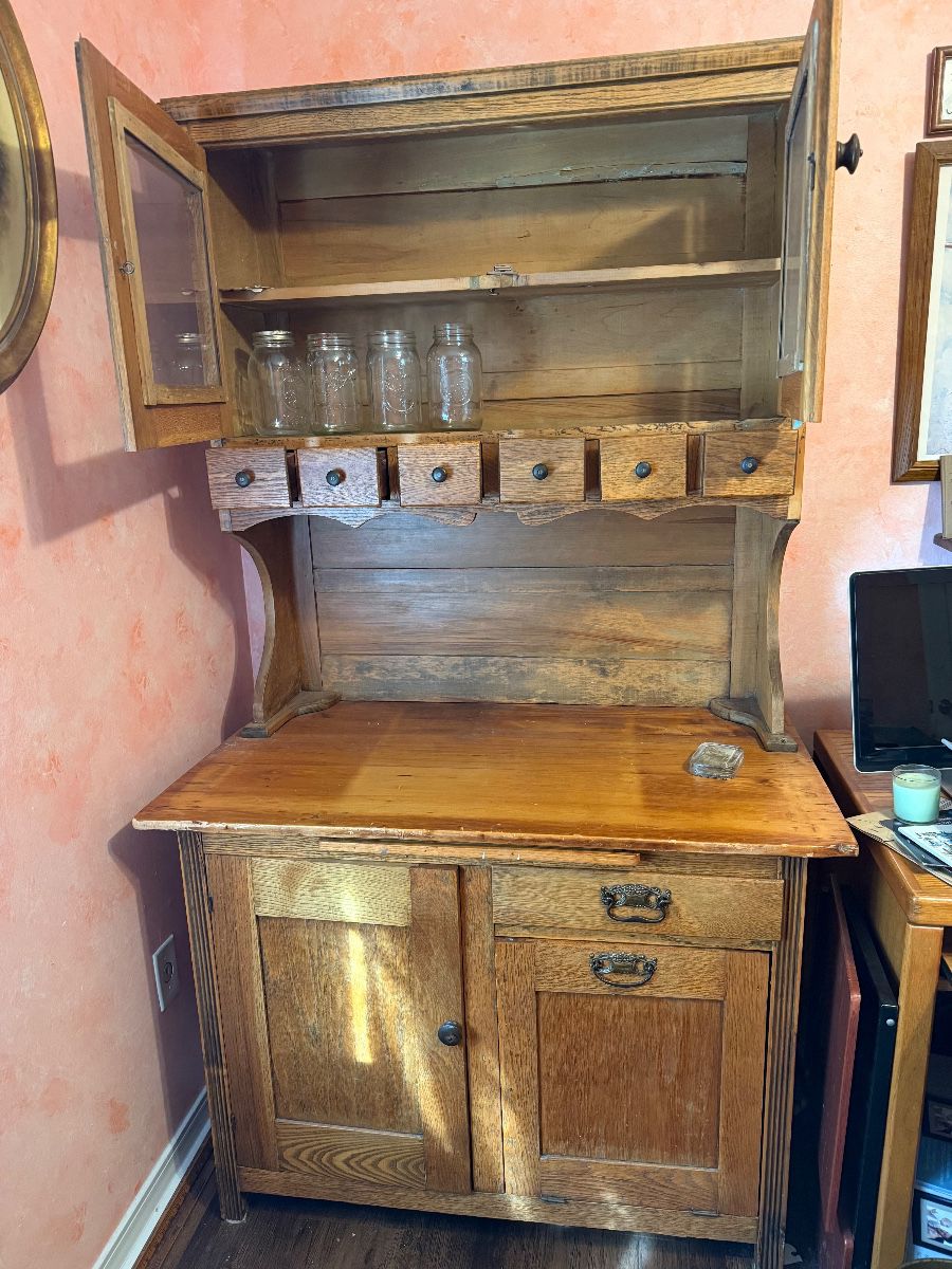 Antique Oak Hoosier Free Standing Kitchen Organizer popular in early 1900's