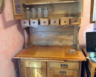 Antique Oak Hoosier Free Standing Kitchen Organizer popular in early 1900's