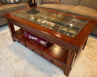 Broyhill glass top coffee table, 48” x 28” x 21” high