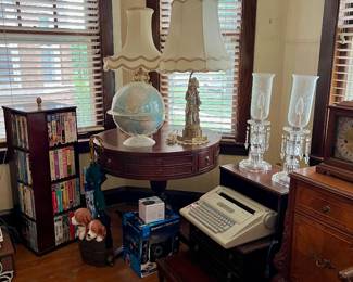 Vintage furniture, VHS tapes, DVDs, Bluetooth speakers