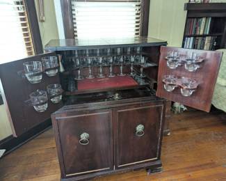 Antique bar cart with original glassware