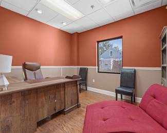 Desk, chaise, bookshelf, decorative chairs 