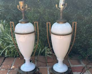 Pair of Louis XVI style Neoclassical Lamps with opaline glass and ormolu.