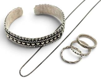 Sterling Silver Cuff Bracelet Damaged, Necklace,  Rings 35.7g Total