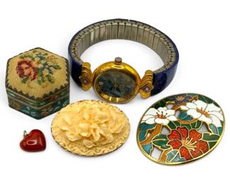Antique Trinket Box, Brooches, Watch,  Pendant