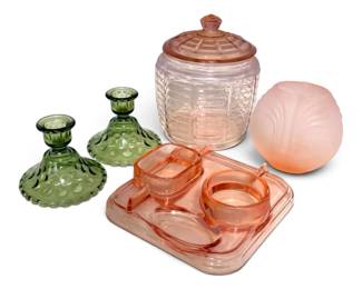 Pink Depression Glass Jar, Candle Holders,  More