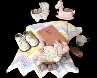 Pastel Crocheted Baby Blanket, Booties, Copper Baby Shoe,  More