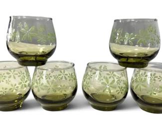 Vintage Libbey Green Mint Bouquet Lowball Glasses w Embossed Floral Design
