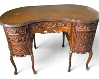 Vintage Wooden Kidney Desk w Ornate Floral Details