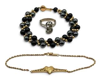 14k Gold Hematite  Onyx, Italian Charm Bracelet Damaged,  Ring 23.05g Total