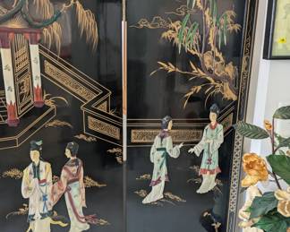 Beautiful Wood and Soapstone inlaid room divider screen