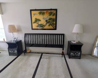 Queen Size Bed Frame and Mother of Pearl Inlaid night stands with Matching Vanity