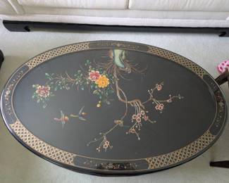 Beautiful Black Lacquered Oval Nesting Coffee table with 4 Stools