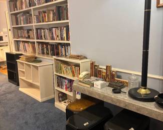 Books, sofa table, accent stools