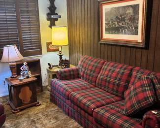 English print & hide-a-bed, lamps
