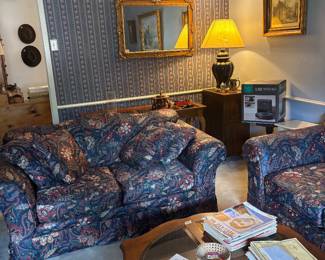 Sofas, coffee table, lamps, paintings