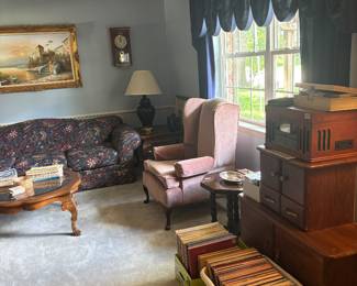 High back chairs, end tables