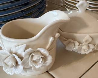L. Godinger & Co. Cream and Sugar Rosemary Pattern w Applied Porcelain Flowers