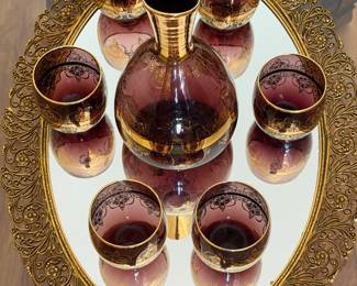 Vintage Purple Bohemian Glass Decanter and Glasses w Tray