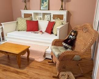 Pottery Barn Teen Trundle Bed w Mattresses, Wicker Rocker, Small Scale Coffee Table
