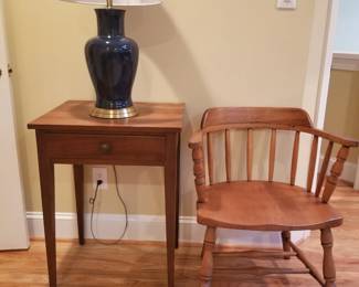 Walnut accent table and vintage oak arm chair