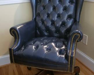 Tufted blue leather desk chair