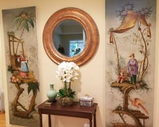 Foyer, featuring a pair of chinoiserie canvas panels