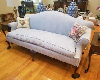 Vintage Chippendale style camel back sofa with powder blue damask upholstery 