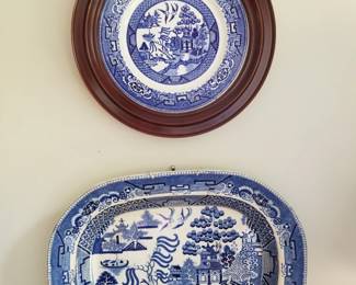Blue Willow framed plate and serving platter