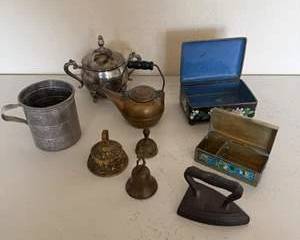 Assorted Vintage Decorative Brass and other Metals Lot with Teapots, Flat Iron, Bell & Trinket Boxes